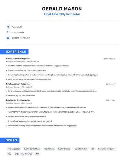 Final Assembly Inspector Resume