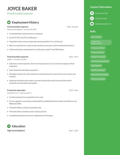 Final Assembly Inspector Resume