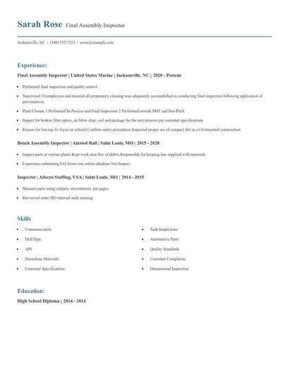 Final Assembly Inspector Resume