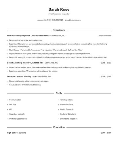 Final Assembly Inspector Resume