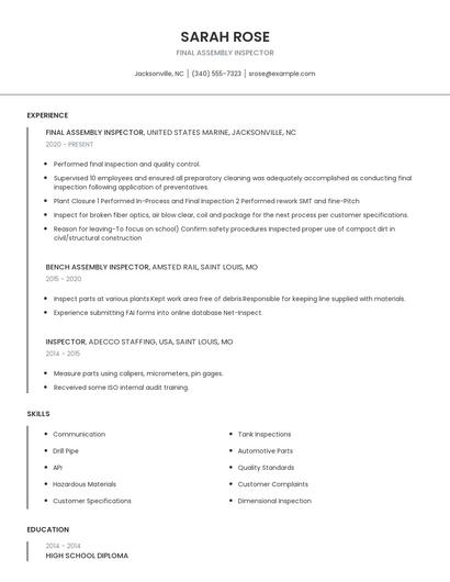 Final Assembly Inspector Resume