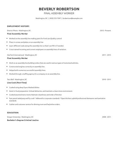 Final Assembly Worker Resume