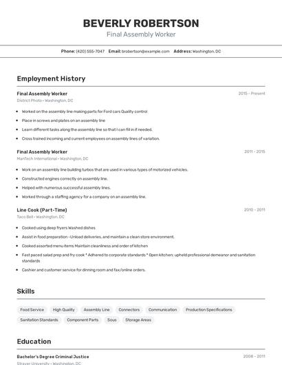 Final Assembly Worker Resume