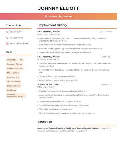 Final Assembly Worker Resume