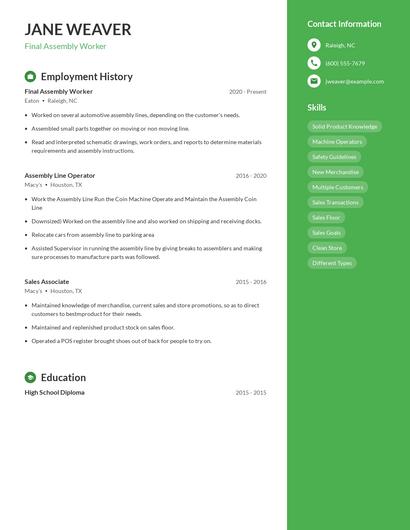 Final Assembly Worker Resume