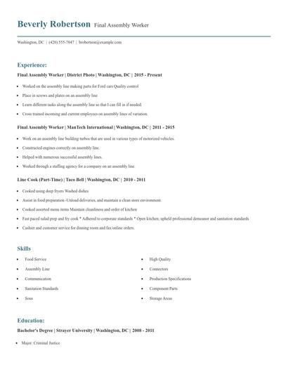 Final Assembly Worker Resume