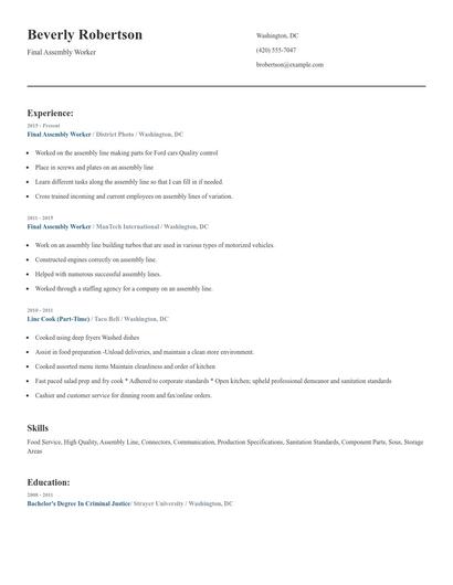 Final Assembly Worker Resume