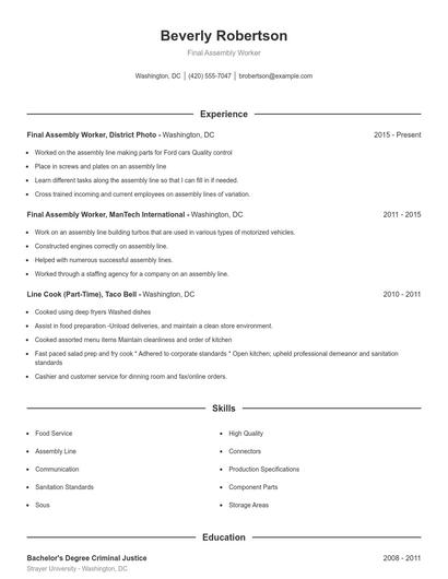 Final Assembly Worker Resume
