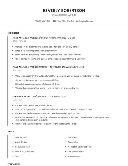 Final Assembly Worker Resume