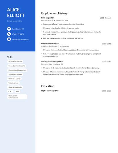 Final Inspector Resume