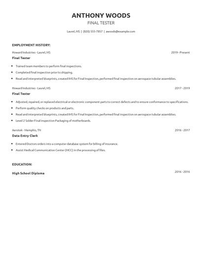 Final Tester Resume