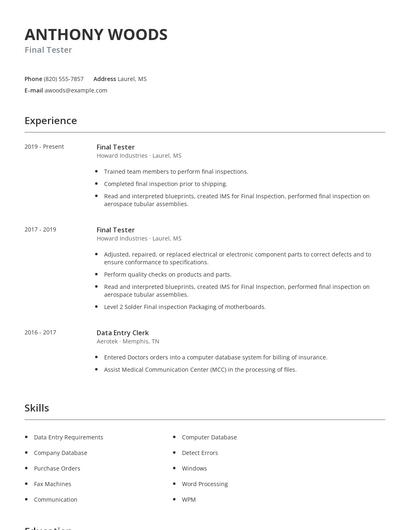 Final Tester Resume