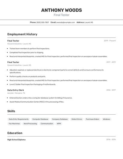 Final Tester Resume