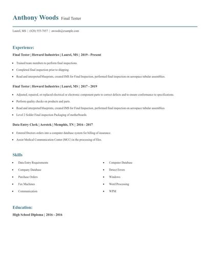 Final Tester Resume
