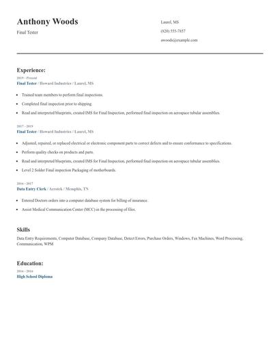 Final Tester Resume