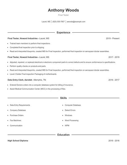 Final Tester Resume