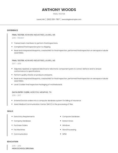 Final Tester Resume