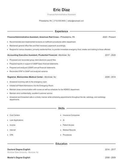 Finance/Administrative Assistant Resume