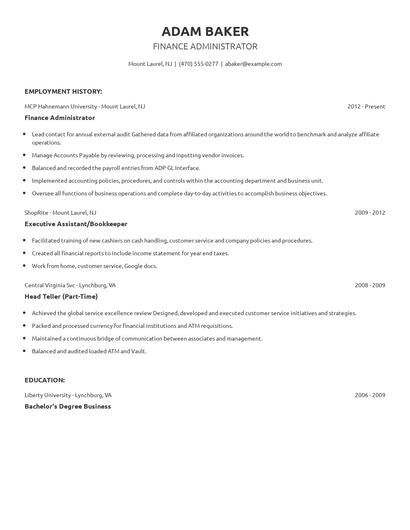 Finance Administrator Resume