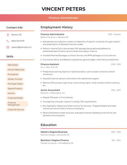 Finance Administrator Resume