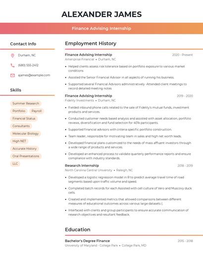Finance Advising Internship Resume