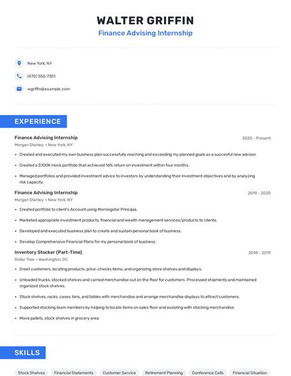 Finance Advising Internship Resume