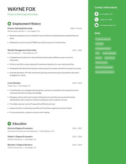Finance Advising Internship Resume