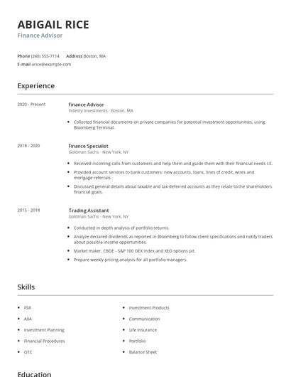 Finance Advisor Resume