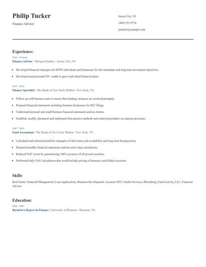 Finance Advisor Resume