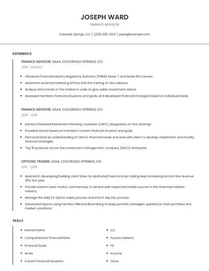 Finance Advisor Resume