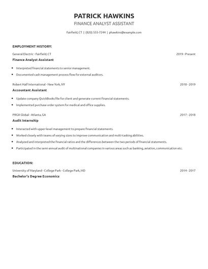 Finance Analyst Assistant Resume