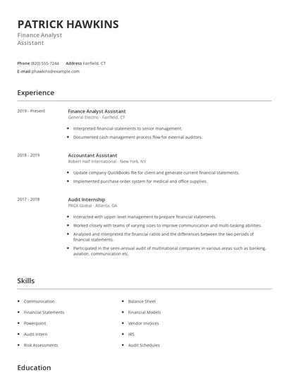 Finance Analyst Assistant Resume