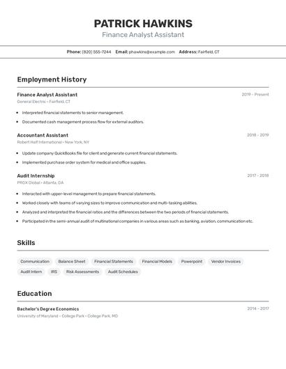 Finance Analyst Assistant Resume