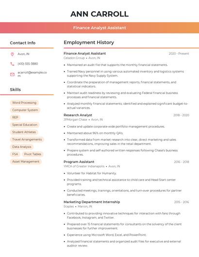 Finance Analyst Assistant Resume