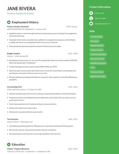 Finance Analyst Assistant Resume
