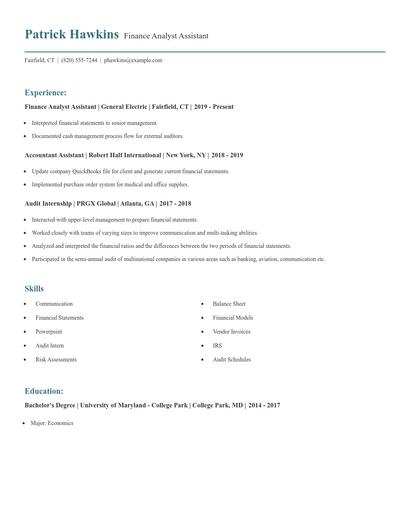 Finance Analyst Assistant Resume