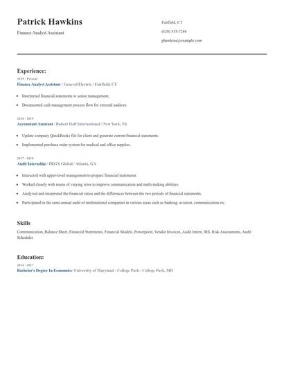Finance Analyst Assistant Resume