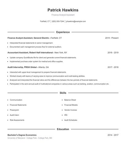 Finance Analyst Assistant Resume