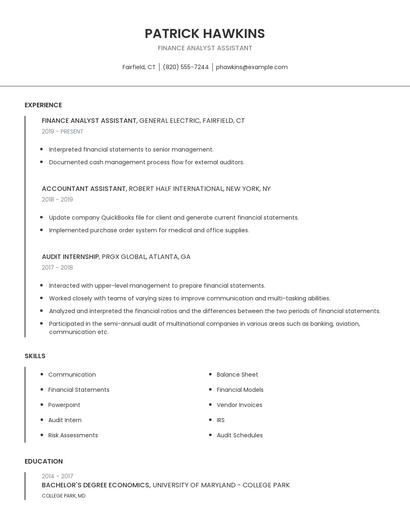 Finance Analyst Assistant Resume