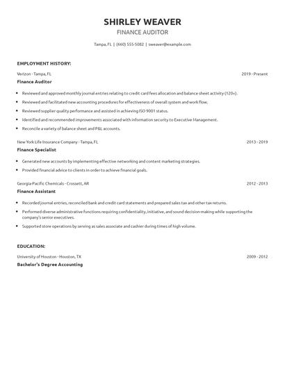 Finance Auditor Resume