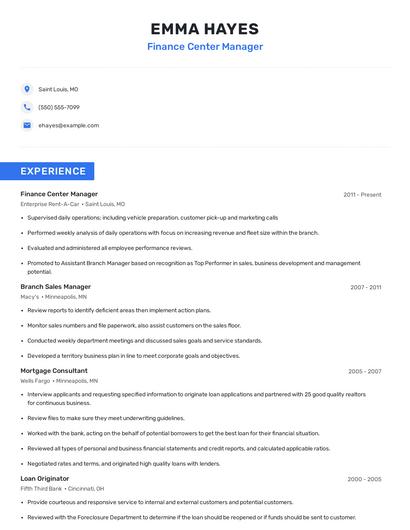 Finance Center Manager Resume