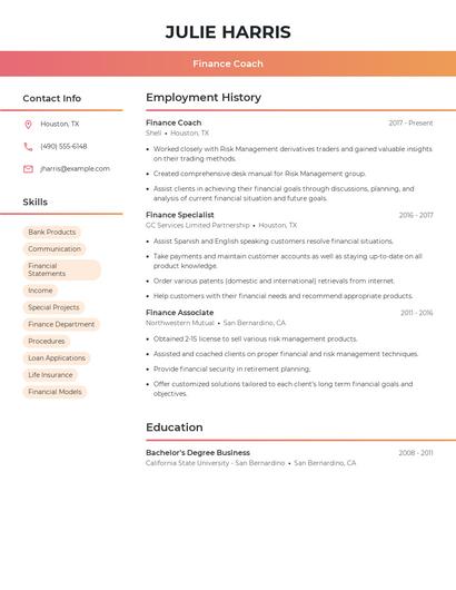 Finance Coach Resume