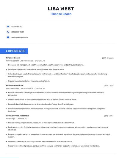 Finance Coach Resume