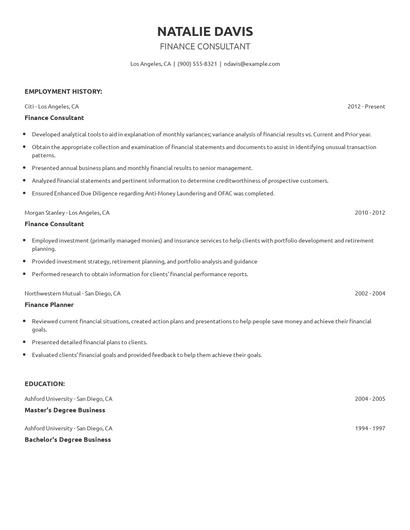 Finance Consultant Resume