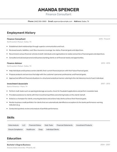 Finance Consultant Resume