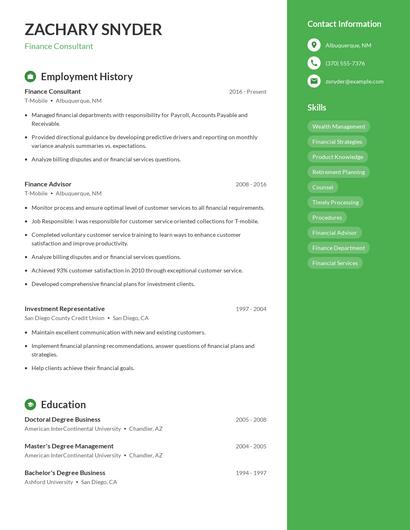 Finance Consultant Resume