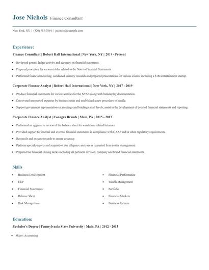 Finance Consultant Resume