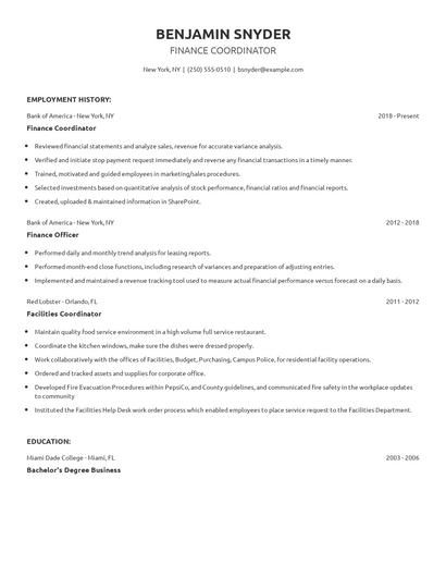 Finance Coordinator Resume