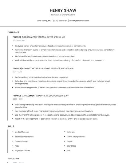 Finance Coordinator Resume