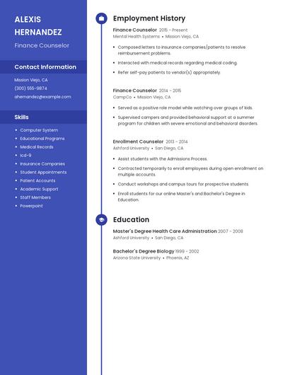 Finance Counselor Resume